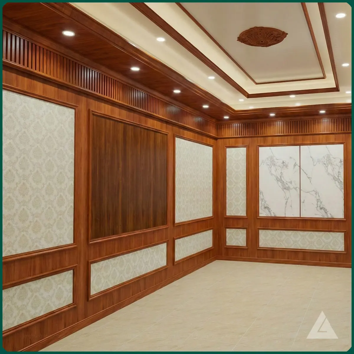 tấm nhựa ốp tường nano kết hợp vân gỗ, vân đá và vân vải